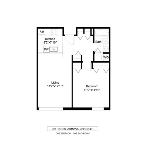 Floor plan for 1 bed, 1 bath, 650 sqft